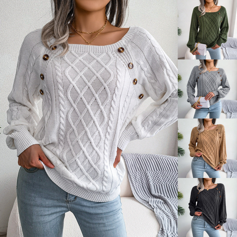 Buttoned Bliss: Square Neck Knit Winter Sweater - LauBelle