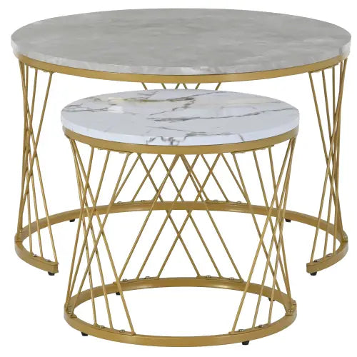Moderne Nesting Coffee Table Set with Marble Veneer Round End Tables