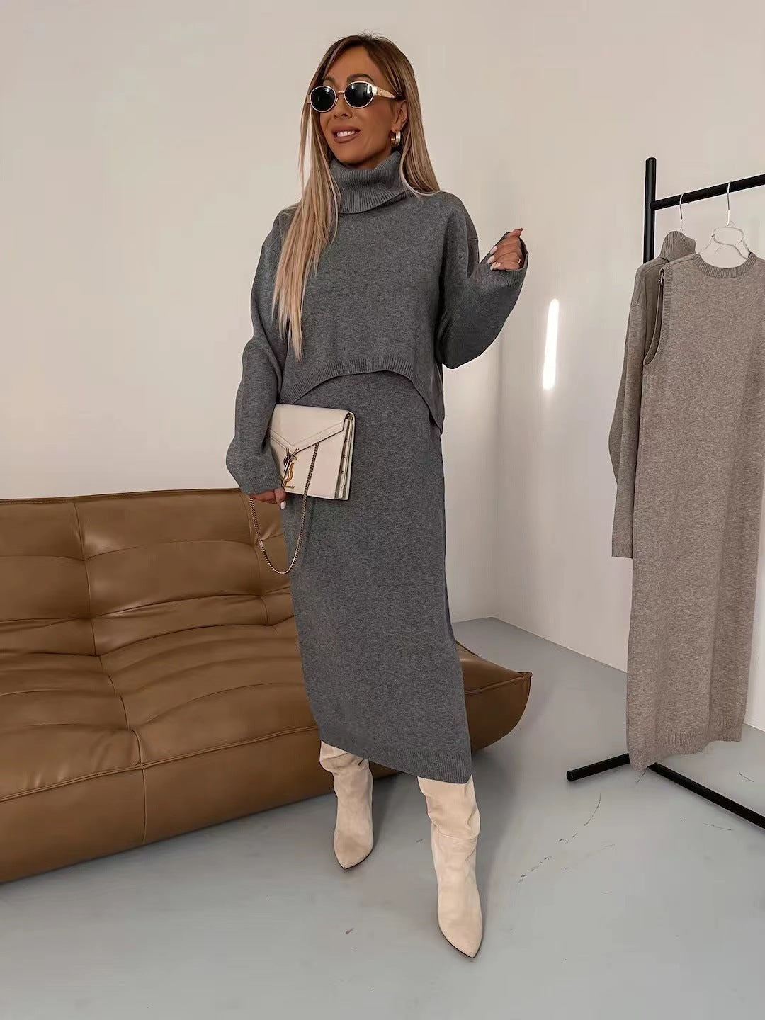 Chic Winter Duo: Turtleneck Sweater & Long Dress Set - LauBelle Brand