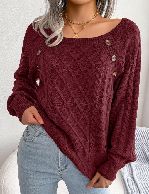 Buttoned Bliss: Square Neck Knit Winter Sweater - LauBelle