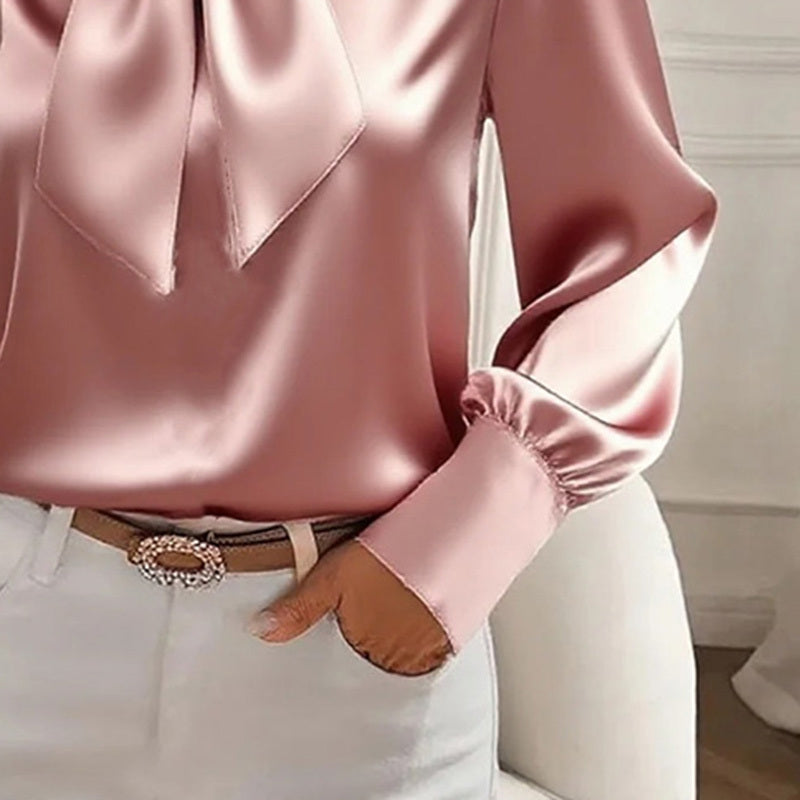 Satin Bow Blouse - Women's Casual Long Sleeve Top - LauBelle Brand