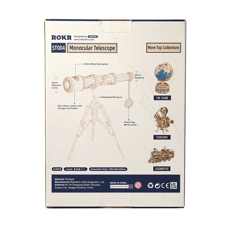 Wooden Telescope Model Kit 314 Pieces for Ages 14 and Up