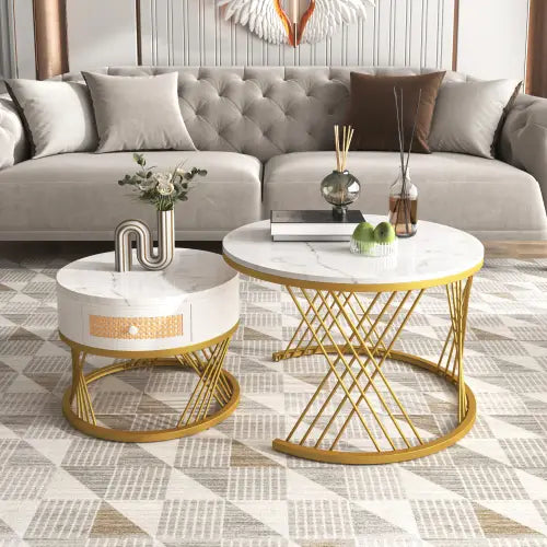 2 in 1 Round Coffee Table with Marble Top and Rattan Drawers