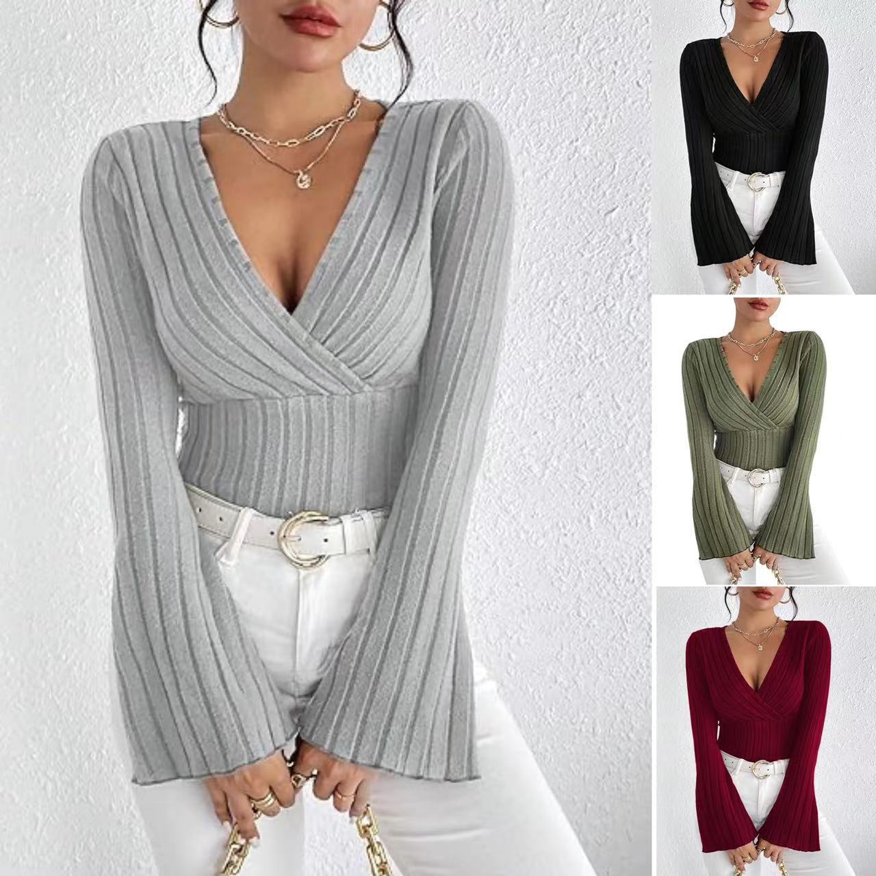 Ribbed V-Neck Flare Sleeve Slim Autumn Top for Women - LauBelle
