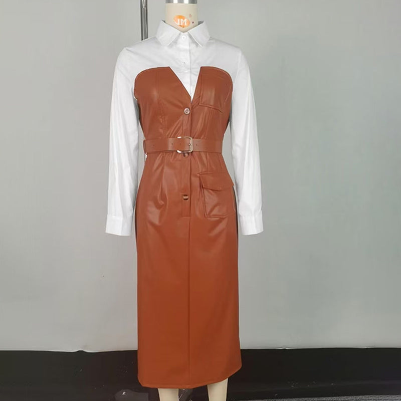 Chic V-Neck Belted Bodycon Midi Dress with Leather Trim - LauBelle Brand