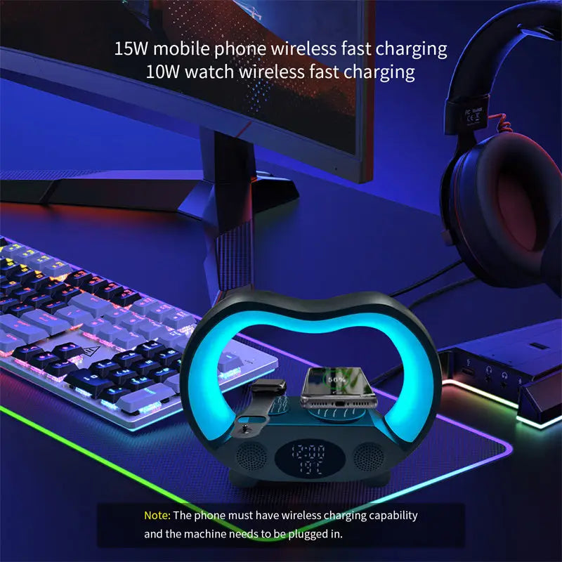 6 in 1 Wireless Charging Station with Bluetooth Speaker and Clock