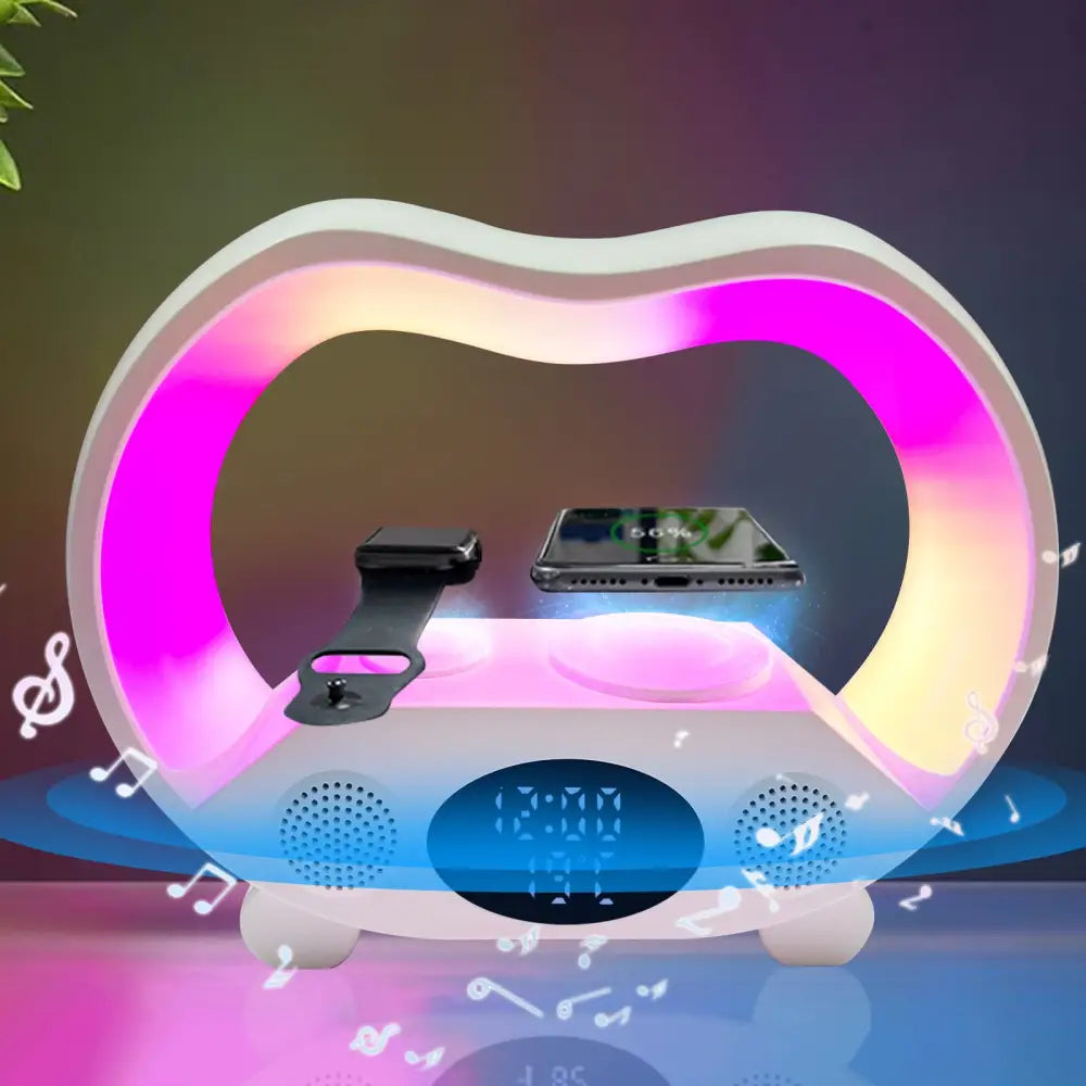 6 in 1 Wireless Charging Station with Bluetooth Speaker and Clock White / Without plug