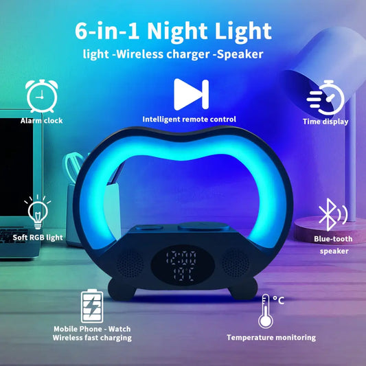 6 in 1 Wireless Charging Station with Bluetooth Speaker and Clock