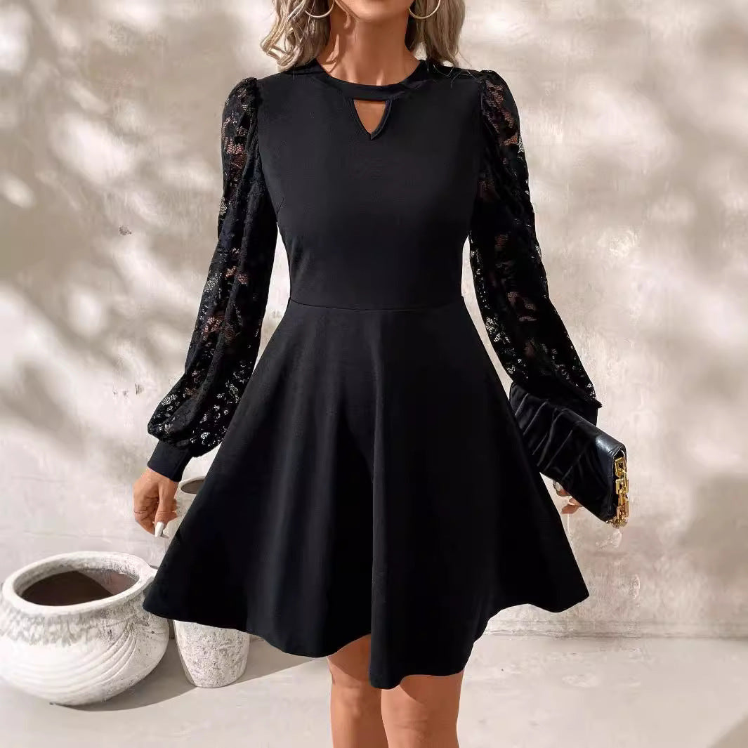 Elegant Women's Black Round Neck Lace Stitching Long Sleeve Slim Flared Hem Dress - LauBelle
