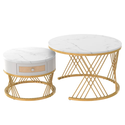 2 in 1 Round Coffee Table with Marble Top and Rattan Drawers