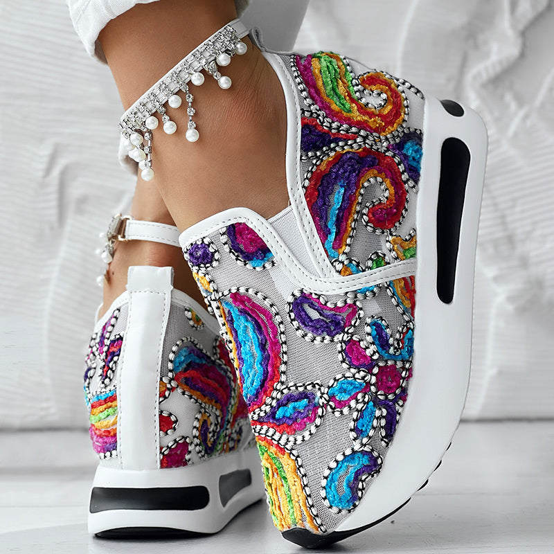 Women's Random Print Side Lace-Up Elastic Sport Shoes, Comfortable Slip-On Sneakers For Women, Casual Daily Wear Footwear - LauBelle