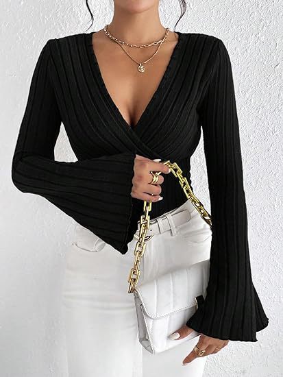Ribbed V-Neck Flare Sleeve Slim Autumn Top for Women - LauBelle Brand