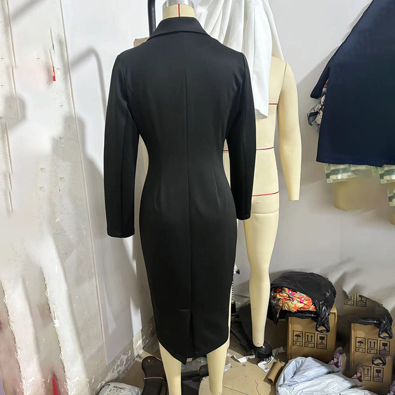 Women's Solid Color V-Neck Blazer Dress, Long Sleeve Button Down Midi Dress For Office And Formal Wear - LauBelle