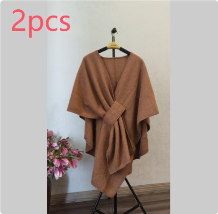 Fur Collar Fur Ball Knitted Cardigan Cape And Shawl - LauBelle