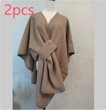 Fur Collar Fur Ball Knitted Cardigan Cape And Shawl - LauBelle