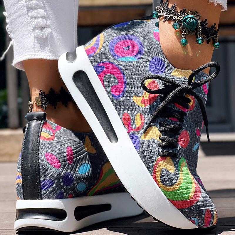 Women's Random Print Side Lace-Up Elastic Sport Shoes, Comfortable Slip-On Sneakers For Women, Casual Daily Wear Footwear - LauBelle