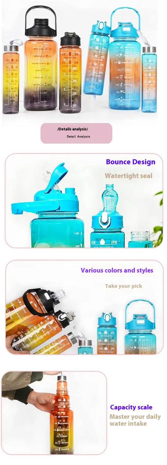 Gradient Color Motivational Water Bottles Set 3 Piece with Straw Cup