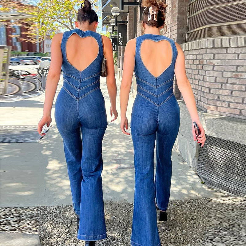 Retro Heart-Back Halter Denim Jumpsuit for Women - LauBelle Brand