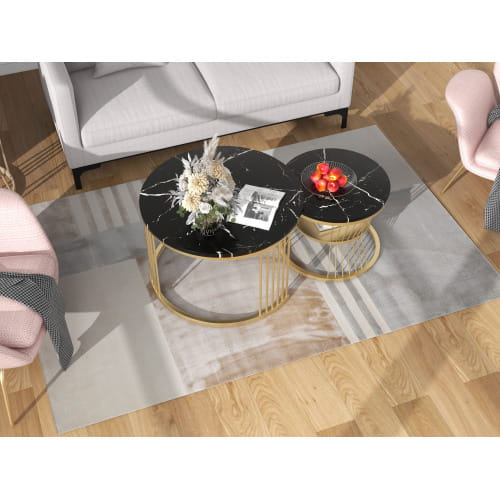 Moderne Nesting Coffee Table Set with Marble Veneer Round Design