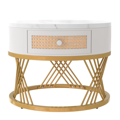 2 in 1 Round Coffee Table with Marble Top and Rattan Drawers