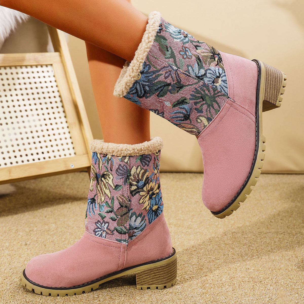 BlossomStitch Ethnic Platform Snow Boots for Women - LauBelle Brand