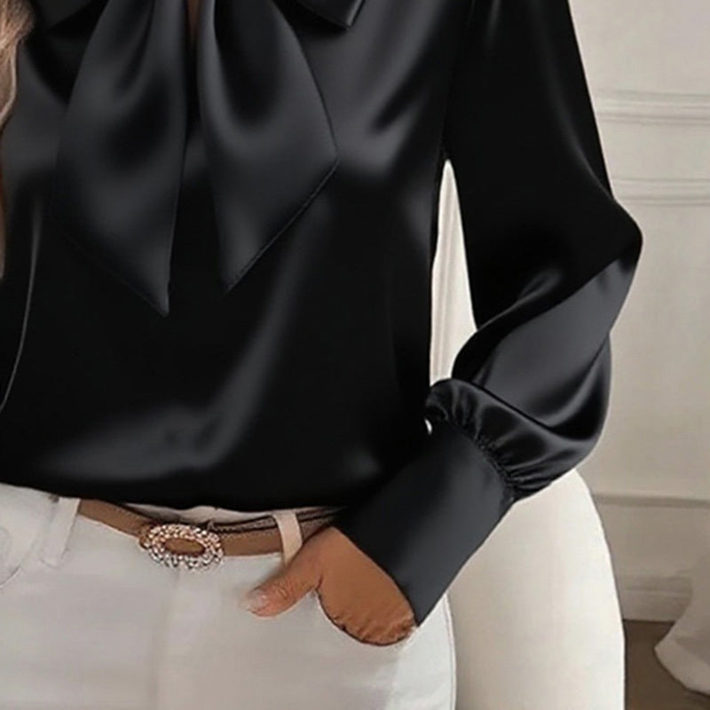 Satin Bow Blouse - Women's Casual Long Sleeve Top - LauBelle Brand
