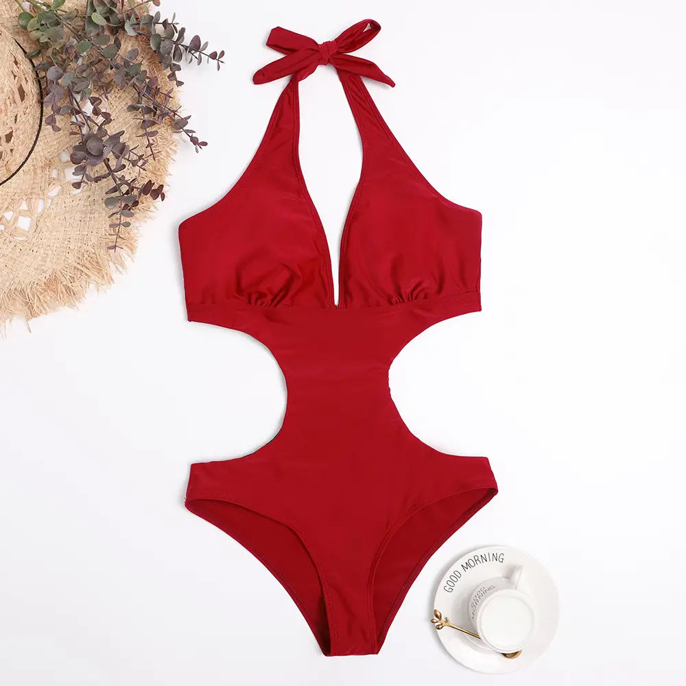 One Piece Triangle Show Waist Solid Color Swimsuit