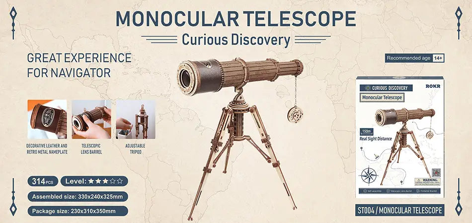 Wooden Telescope Model Kit 314 Pieces for Ages 14 and Up