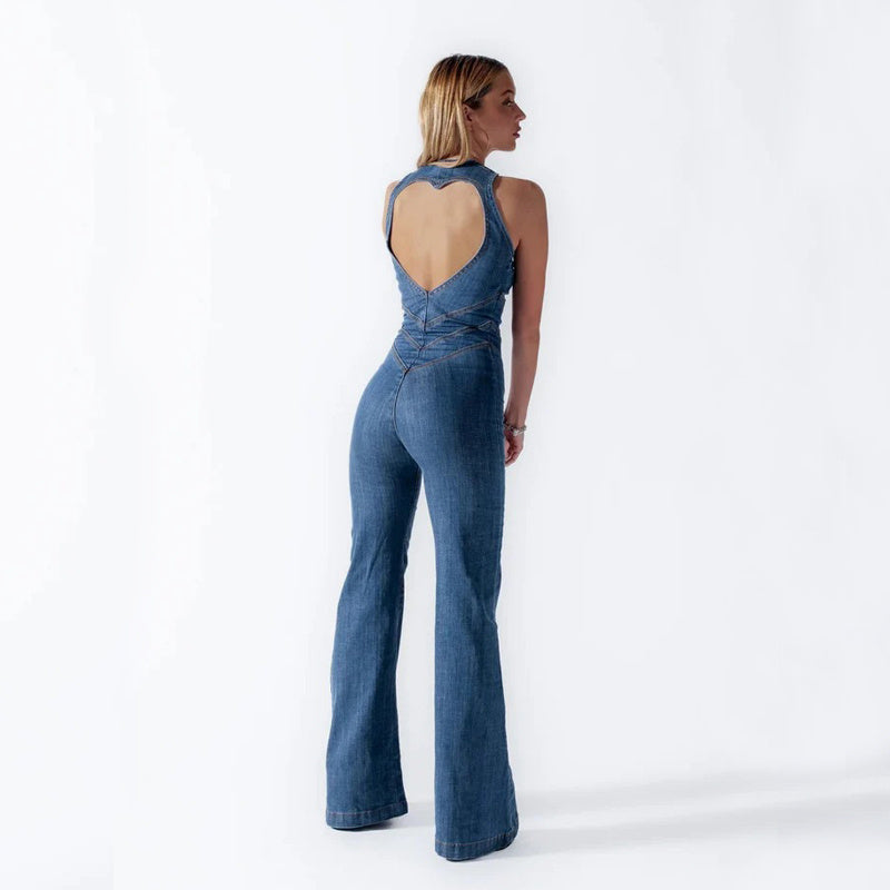 Retro Heart-Back Halter Denim Jumpsuit for Women - LauBelle Brand