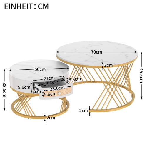 2 in 1 Round Coffee Table with Marble Top and Rattan Drawers