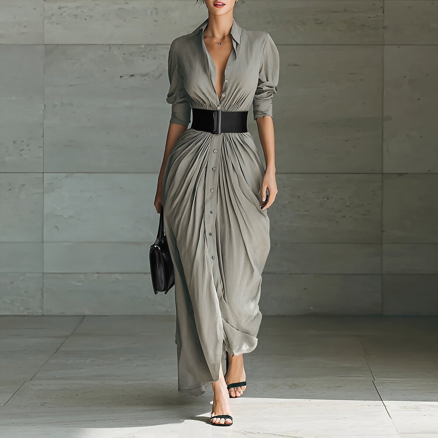 Chic Lapel Belted Shirt Dress – Elegant & Fashionable - LauBelle Brand