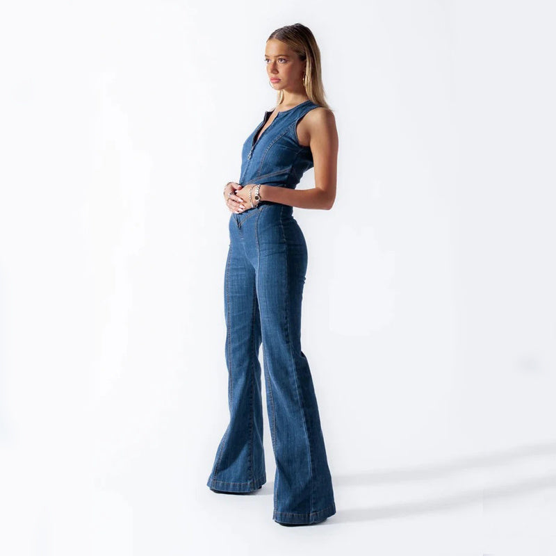 Retro Heart-Back Halter Denim Jumpsuit for Women - LauBelle Brand