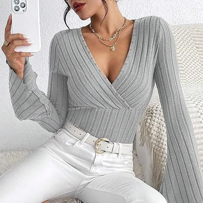 Ribbed V-Neck Flare Sleeve Slim Autumn Top for Women - LauBelle Brand
