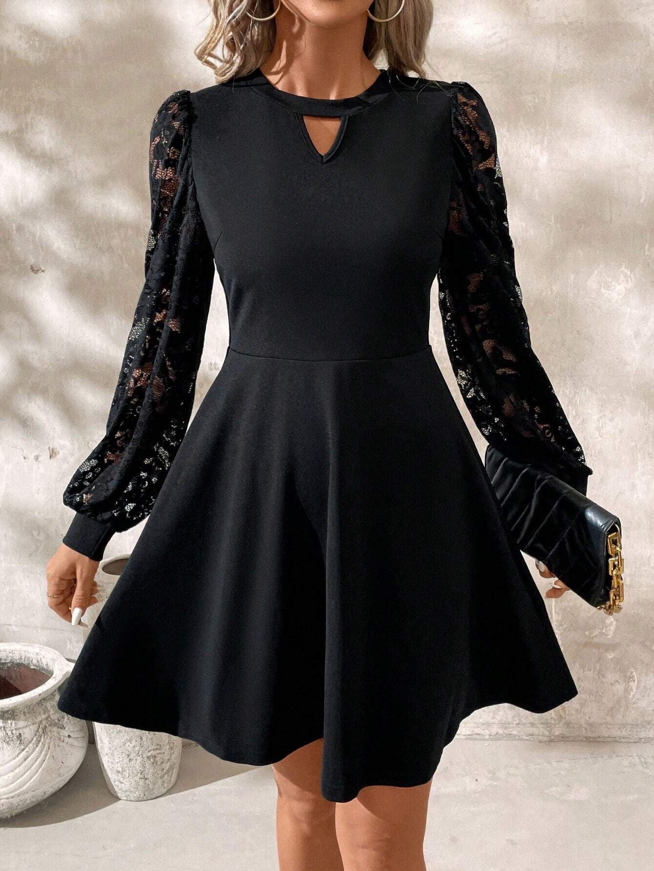 Elegant Women's Black Round Neck Lace Stitching Long Sleeve Slim Flared Hem Dress - LauBelle