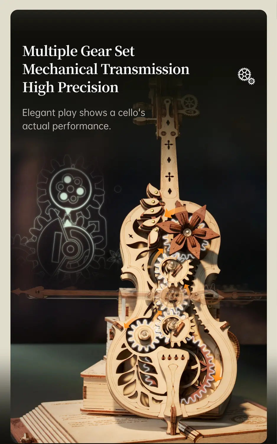 Retro Cello Music Box Puzzle with European Engraving and Floral Detail