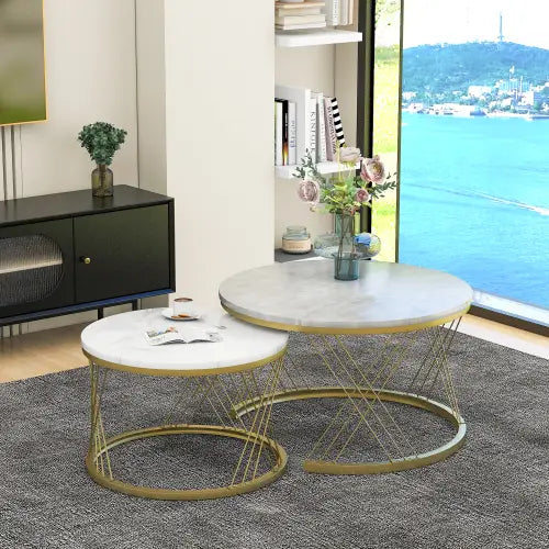 Moderne Nesting Coffee Table Set with Marble Veneer Round End Tables