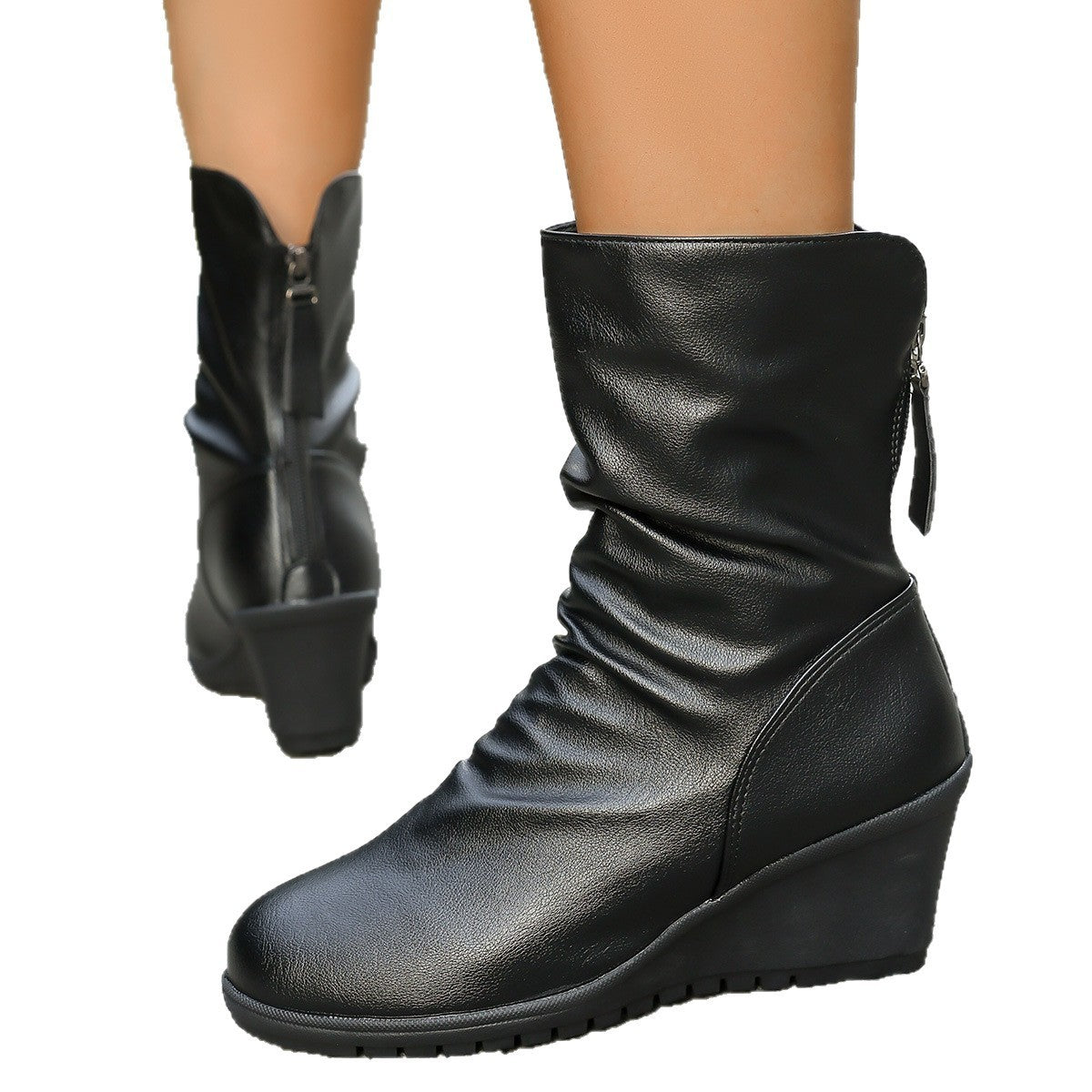 Vintage Plush Pleated Wedge Ankle Boots