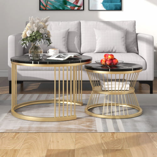 Moderne Nesting Coffee Table Set with Marble Veneer Round Design