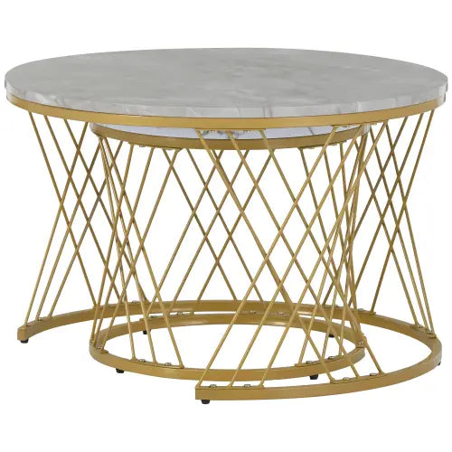 Moderne Nesting Coffee Table Set with Marble Veneer Round End Tables
