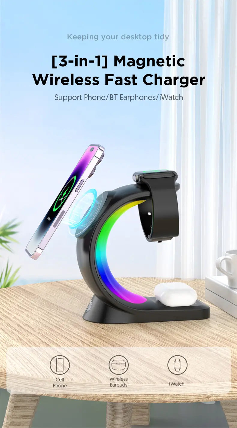 Magnetic Wireless Charger with RGB Lighting and Foreign Body Detection