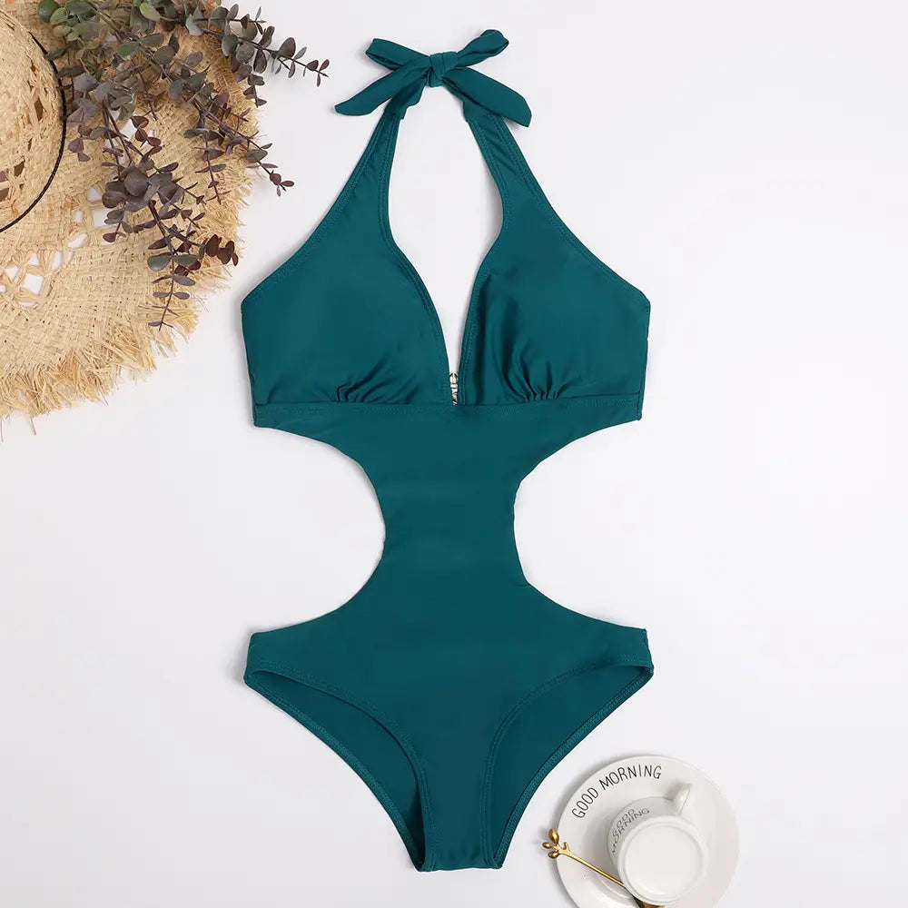 One Piece Triangle Show Waist Solid Color Swimsuit
