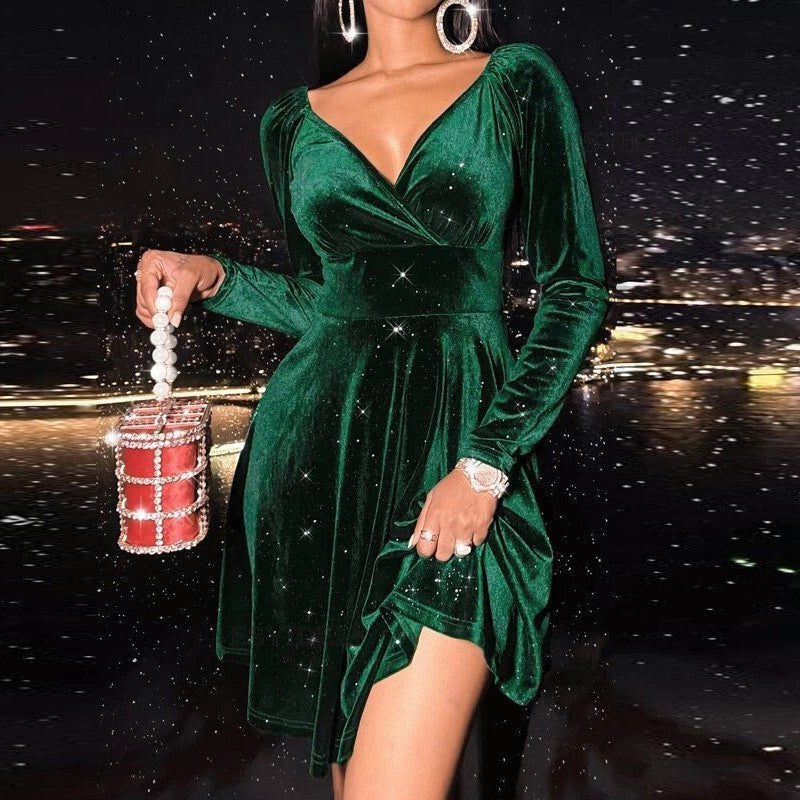 Autumn Festival Christmas Long Sleeve V-neck Dress - LauBelle