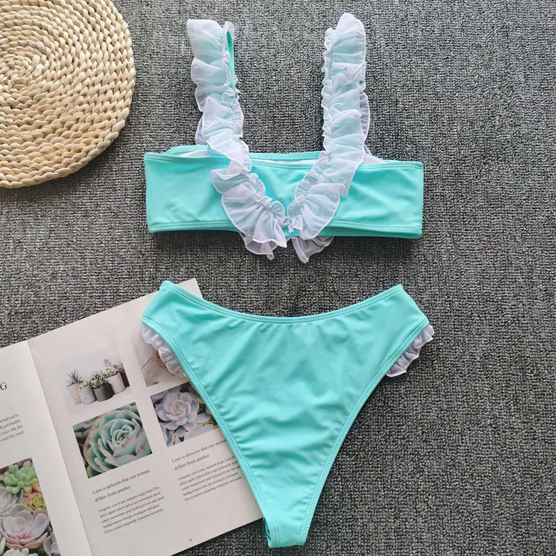 Women’s Solid Color Ruffled Bikini Split Swimsuit