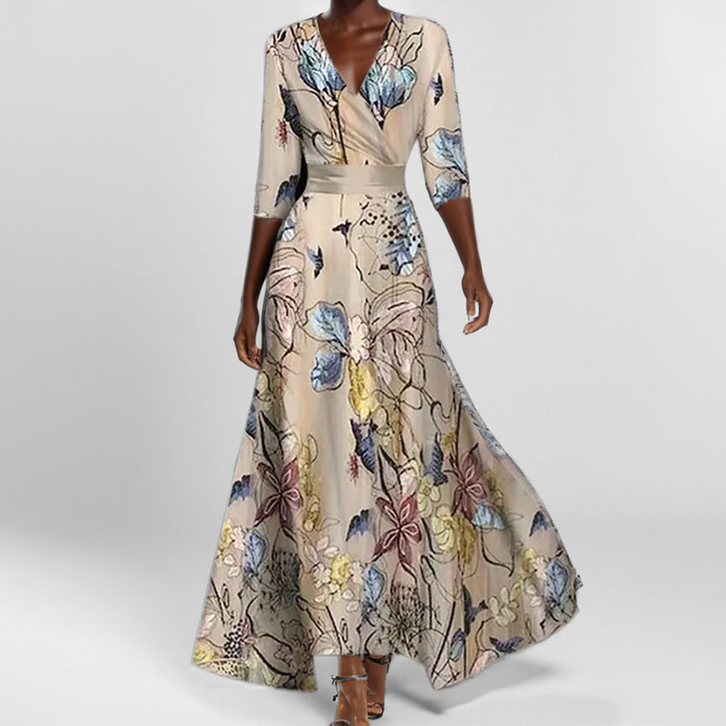 VoguePrint Slim V-Neck Half-Sleeve Waist Dress - LauBelle Brand