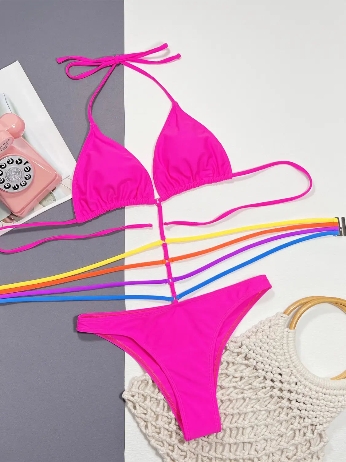 Women’s Colorful Striped Bikini Bottoms With Chest Pad Wireless Cup