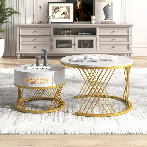 2 in 1 Round Coffee Table with Marble Top and Rattan Drawers