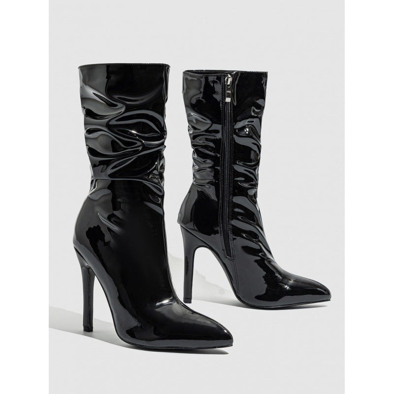Patent Leather High Heel Pointed Stiletto Heel Pile Style Boots - LauBelle