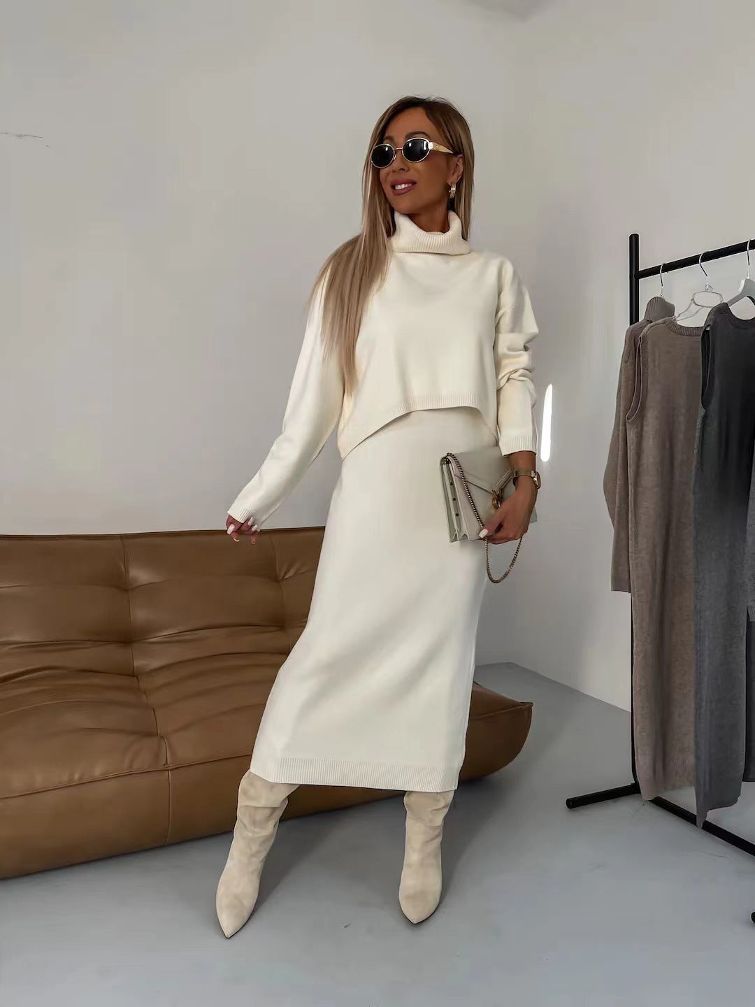 Chic Winter Duo: Turtleneck Sweater & Long Dress Set - LauBelle Brand