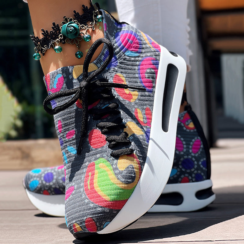 Women's Random Print Side Lace-Up Elastic Sport Shoes, Comfortable Slip-On Sneakers For Women, Casual Daily Wear Footwear - LauBelle