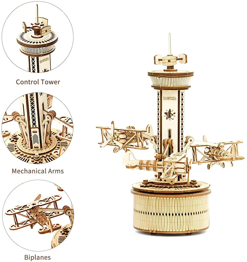 Airplane Control Tower Wooden Model Kit 255 Pieces for Ages 8 and Up